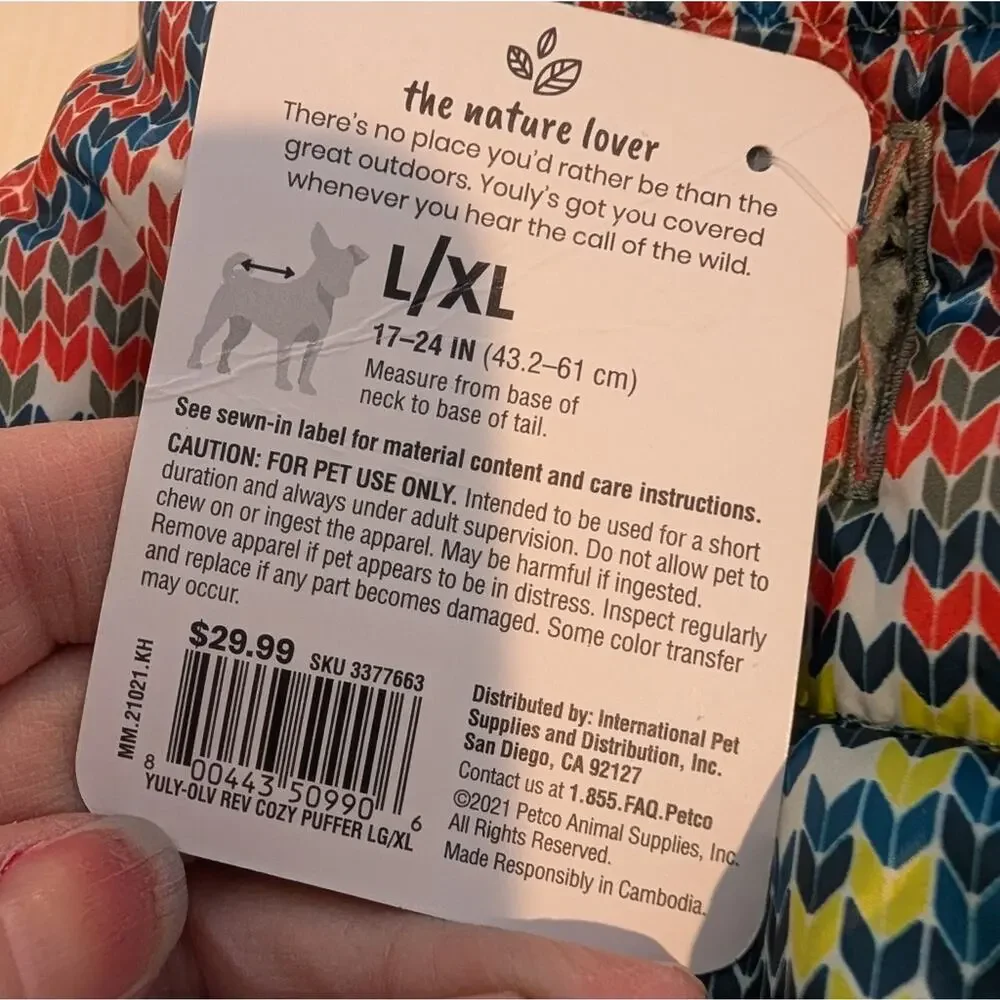 Youly Reversible Dog Coat Puffer Sherpa Multicolor Fair Isle LG/XL NWT